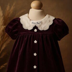 Vintage Rare Too! Baby Velvet Dress – Plum Lace Collar & Pearl Buttons – 12–18M